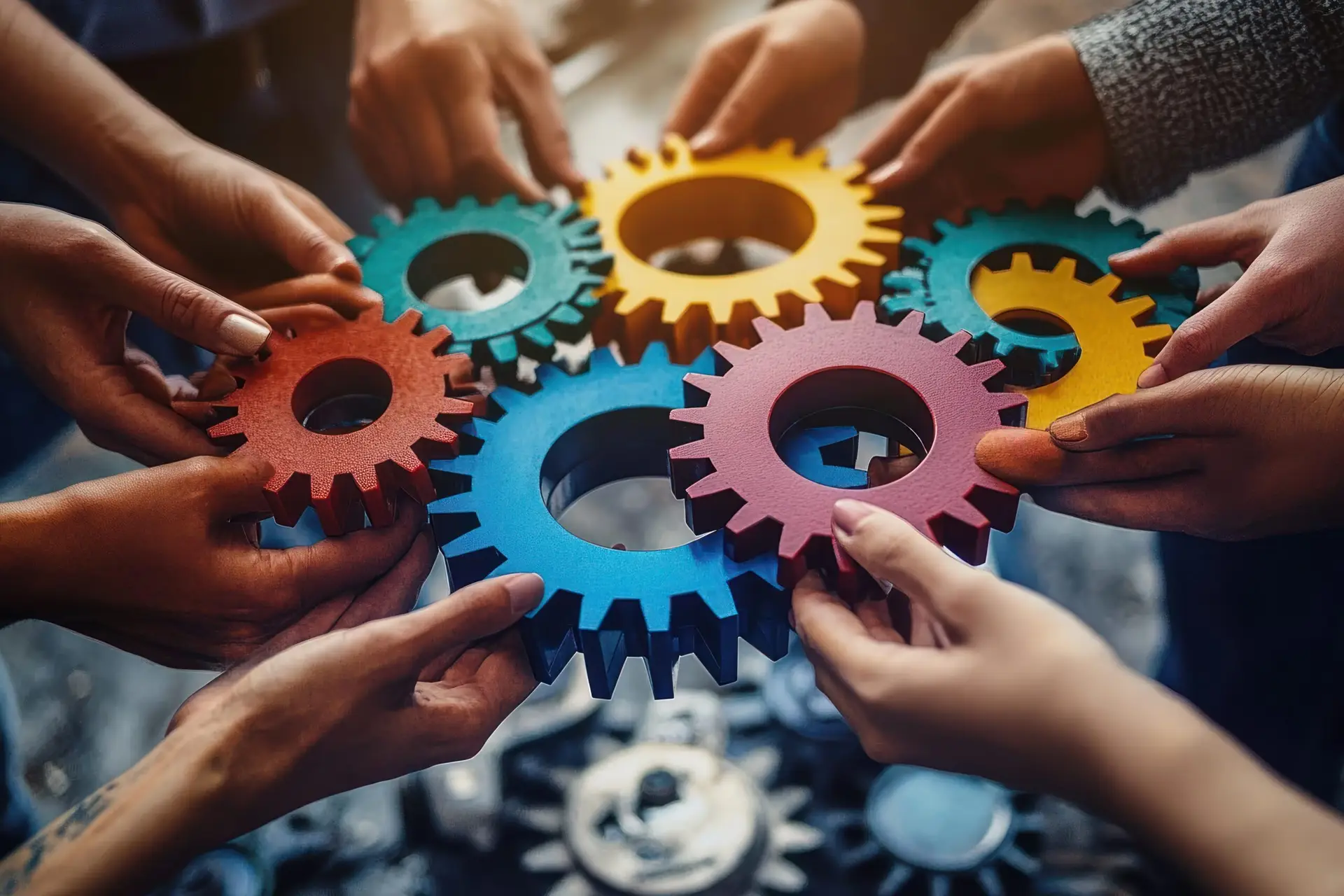 Teamwork and Collaboration Connecting Colorful Gears in Business Partnership